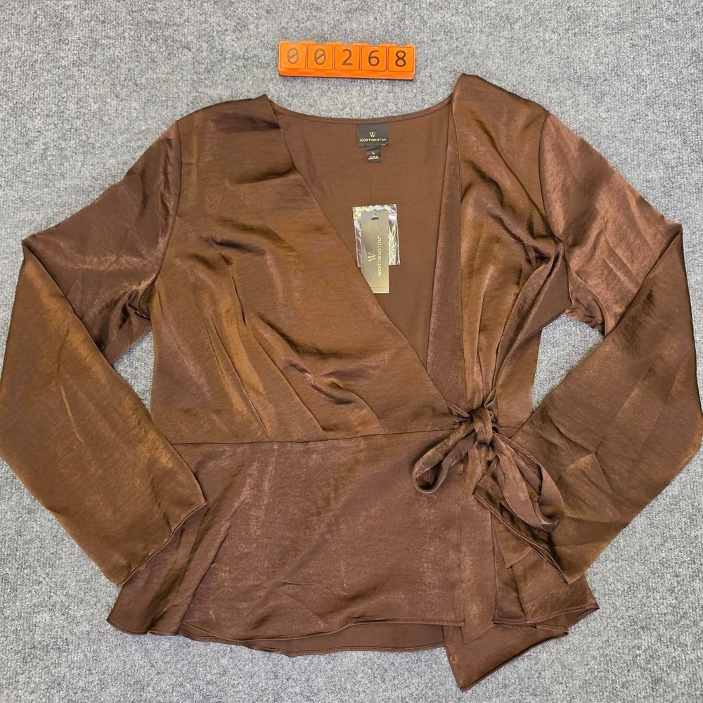 Brown Worthington wrap blouse with tie detail, size L. New with tags.